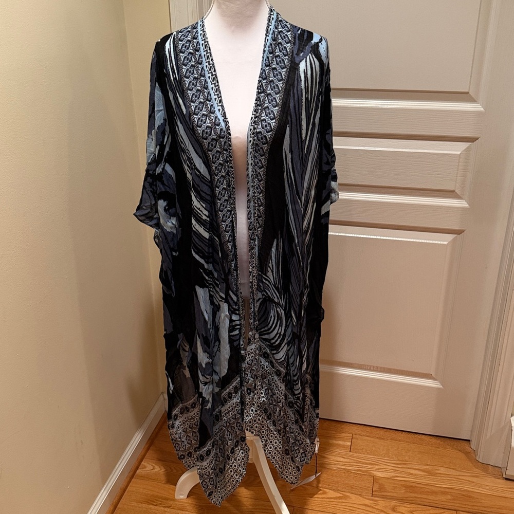 Elegant Blue and Black Women's Kimono Bathing Suit Cover Up